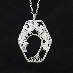 Quartz Crystal Natural Quartz Crystal Chips Beaded Hexagon with Tree Pendant Necklaces, with Platinum Brass Chains, 20.87 inch(53cm)