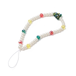 White Christmas Glass Pearl Beaded Mobile Straps, with Glass Beads, Nylon Thread Mobile Accessories Decoration, Christmas Tree, White, 18.7cm