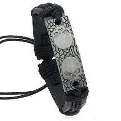 Black Alloy Skull Link Bracelet, Imitation Leather Adjustable Bracelet with Jute Cords, Black, Inner Diameter: 2-1/8~3 inch(5.5~7.5cm)