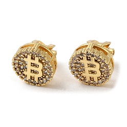 Clear Rack Plating Real 18K Gold Plated Brass Bitcoin Shape Clip-on Earrings, with Cubic Zirconia, Long-Lasting Plated, Lead Free & Cadmium Free, Clear, 11.5x14mm