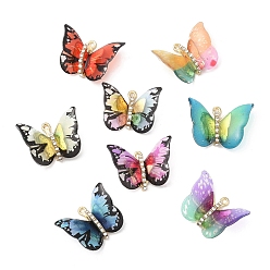 Mixed Color Transparent Resin Pendants, Butterfly Charms with Golden Plated Alloy Crystal Rhinestone Findings, Mixed Color, 17~17.5x21~24x6~7mm, Hole: 1.4mm