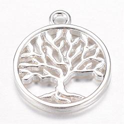 Silver Brass Pendants, Flat Round with Tree of Life, Silver Color Plated, 18x15x2mm, Hole: 1.5mm