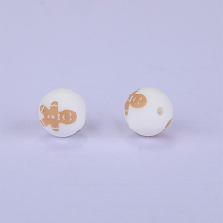White Christmas Printed Round with Gingerbread Man Pattern Silicone Focal Beads, White, 15x15mm, Hole: 2mm