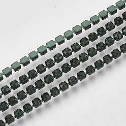 Emerald Electrophoresis Iron Rhinestone Strass Chains, Rhinestone Cup Chains, with Spool, Emerald, SS12, 3~3.2mm, about 10yards/roll
