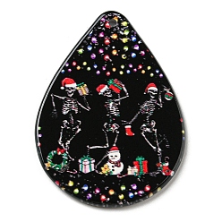 Skull Christmas Theme Acrylic Pendants, Teardrop, Skull, 47.5x35x2.5mm, Hole: 1.8mm