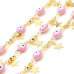 Pearl Pink Enamel Horse Eye Link Chains, with Real 18K Gold Plated Star Charms, Soldered, Long-Lasting Plated, with Spools, Pearl Pink, 5x13x4mm, 3x7.5x2.8mm