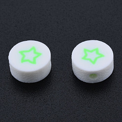 Green Yellow Handmade Polymer Clay Beads, Flat Round with Star, Green Yellow, 9~9.5x4~5mm, Hole: 1.6mm