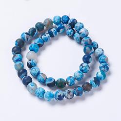 Dodger Blue Natural Agate Bead Strands, Dyed & Heated, Frosted, Round, Dodger Blue, 8mm, Hole: 1mm, about 48pcs/strand, 14.96 inch(38cm)