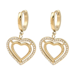 Golden 304 Stainless Steel Micro Pave Cubic Zirconia Hoop Dangle Earrings, Heart, Golden, 34x19mm