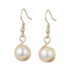 Light Gold Natural Cultured Freshwater Pearl with Eco-Friendly Copper Wire Dangle Earrings, Round, Light Gold, 35x10.5mm