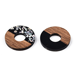 Silver Opaque Resin & Walnut Wood Pendants, Donut/Pi Disc Charms with Stars & Moon & Sun Paillettes, Waxed, Silver, Donut Width: 13mm, 28x3.5mm, Hole: 2mm