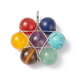 Platinum & Silver Natural & Synthetic Mixed Stone Pendants, Natural Red Agate & Tiger Eye & Amethyst & Green Aventurine & Lapis Lazuli, Synthetic Turquoise & Citrine, with 304 Stainless Steel Findings, Star Charm, Platinum & Silver, 26.5x26x8.5mm, Hole: 2.6mm