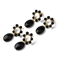 Обсидиан Серьги-гвоздики из натурального обсидиана, цветок с овальной, с фурнитурой латунной для серег, золотые, стойки покрытие, 40.5~41x21.5 мм