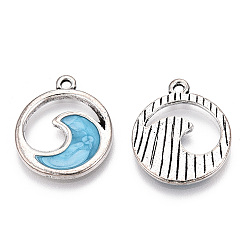 Light Sky Blue Alloy Enamel Pendant, Antique Silver, Flat Round with Wave Charm, Cadmium Free & Lead Free, Light Sky Blue, 21.5x18x1.5mm, Hole: 1.8mm