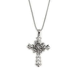 Antique Silver & Stainless Steel Color 201 Stainless Steel Chain, Zinc Alloy Pendant Necklaces, Cross, Antique Silver & Stainless Steel Color, 23.43 inch(59.5cm)