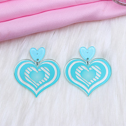 Light Sky Blue Valentine's Day Heart Acrylic Dangle Stud Earrings, Light Sky Blue, 51x45mm
