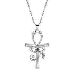 Platinum Ankh Cross with Eye of Horus Rhinestone Pendant Necklace, Alloy Jewelry for Men Women, Platinum, 17.72~18.90 inch(45~48cm)