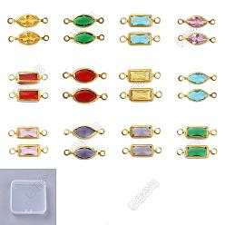 Couleur Mélangete 72 pièces 12 styles laiton avec k9 breloques connecteur en verre, œil de cheval et maillons rectangulaires, réel 18 k plaqué or, couleur mixte, 11.5~14x3.5~4.5x1.5~2mm, Trou: 1mm, 6 pcs / style