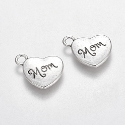 Antique Silver Mother's Day Theme, Tibetan Style Heart Alloy Pendants, with Word Mom, Cadmium Free & Lead Free, Antique Silver, 18x15x3mm, Hole: 3mm, about 208pcs/500g