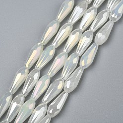 WhiteSmoke Electroplated Opaque Glass Beads Strands, Full Rainbow Plated, Faceted, Teardrop, WhiteSmoke, 15x6mm, Hole: 1mm, about 50pcs/Strand, 28.35 inch(72cm)