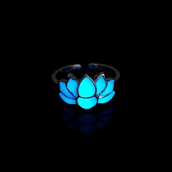 Deep Sky Blue Luminous Glow in the Dark Zinc Alloy Open Cuff Ring, Lotus, Deep Sky Blue, Inner Diameter: 17mm