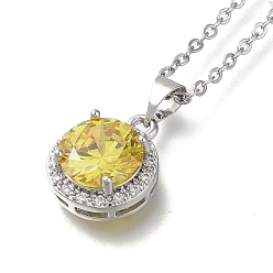 Желтый 304 из нержавеющей стали кабель цепи ожерелья, латунные прозрачные кубические цирконии плоские круглые подвески ожерелья, платины и нержавеющая сталь цвет, желтые, 17.91 дюйм (45.5 см)
