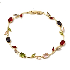Разноцветный Браслеты из латуни с микропаве и кубическим цирконием в виде листьев, цепочка для женщин, без кадмия и без свинца, реальный 18 k позолоченный, стойки покрытие, долговечный, красочный, 8.90 дюйм (22.6 см)