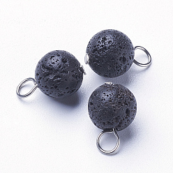 Black Round Natural Lava Rock Beads Charms, with 304 Stainless Steel Head Pins, Black, 13x8mm, Hole: 3mm