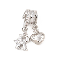 Letter R Латунные микропаве прозрачные подвески с фианитом, сердце прелести, долговечный, стойки покрытие, без кадмия и без свинца, платина, Буква R, 23.5 мм, отверстия : 3 mm и 4 мм, Сердце: 8.5x8x3.5 mm, Письмо: 10x8x3.5 мм