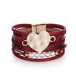 red Bohemian Multi-layer Snake Pattern Pearl Chain Leather Bracelet - Love and Beauty