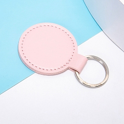 Pink PU Leather Keychain, with Metal Key Ring, Flat Round, Pink, 5x5cm