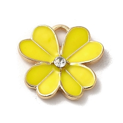 Yellow Flower Alloy Enamel Pendants, with Rhinestone, Light Gold, Yellow, 19x19.5x3mm, Hole: 4x2.5mm