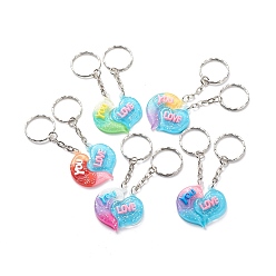 Mixed Color 2Pcs Valentine's Day Couple Heart Charm Keychain, Word LOVE YOU Resin Pendants Keychain, with Iron Findings, Mixed Color, 8.3~8.7cm, 2pcs/set