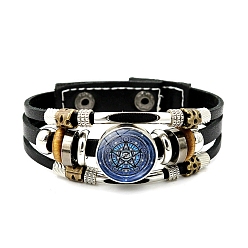 Steel Blue Imitation Leather Triple Lines Multi-strand Bracelets with Flat Round Links, Steel Blue, 8-1/8 inch(20.5cm)