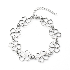 Stainless Steel Color 304 Stainless Steel Links Bracelets, Clover, Stainless Steel Color, 7 inch(17.8cm)
