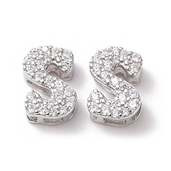 Letter S 925 Sterling Silver Micro Pave Cubic Zirconia Beads, Real Platinum Plated, Letter S, 9x6x3.5mm, Hole : 2.5x1.5mm