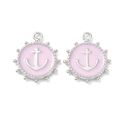 Pink Eco-Friendly Stainless Steel Enamel Pendants, Platinum, Long-Lasting Plated, Flat Round with Anchor, Pink, 20x16.5x2.2mm, Hole: 1.9mm