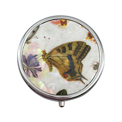 Butterfly Portable Stainless Steel Pill Box, with Shell and Mirror, 3 Grids Multi-use Travel Storage Boxes, Flat Round, Butterfly, 5x1.4cm