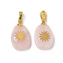 Розовый Кварц Природного розового кварца подвески, плоские овальные подвески золотистого оттенка 304 солнечные пластины из нержавеющей стали и латунные застежки-кнопки, 19~20.5x12~12.3x3.5~4 мм, отверстие : 6x3 мм