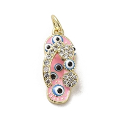 Pink Brass Micro Pave Cubic Zirconia Pendants, with Enamel, with Jump Ring, Real 18K Gold Plated, Slipper
 with Evil Eye, Pink, 20x8.5x5.7mm, Hole: 3.2mm
