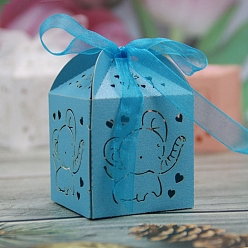 Bleu Ciel Foncé Boîtes à bonbons pliantes en carton, boîte d'emballage de cadeau de mariage, avec ruban, rectangle avec éléphant, bleu profond du ciel, 5x5x7.5 cm