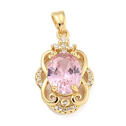 Pink Brass Micro Pave Clear Cubic Zirconia Pendants, with Glass, Flower, Pink, 22x14x7mm, Hole: 4x2.5mm