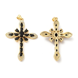 Black Brass Pendants, with Glass & Cubic Zirconia, Lead Free & Cadmium Free, Cross Charms, Real 18K Gold Plated, Black, 49x34x7mm, Hole: 5.1x3.4mm