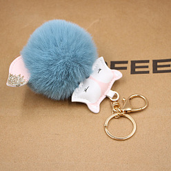 Peacock blue Fox Plush Leather Keychain with Fox Head Toy and Pom-Pom Backpack Pendant