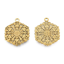 Real 18K Gold Plated Ion Plating(IP) 201 Stainless Steel Pendants, Hexagon with Flower, Real 18K Gold Plated, 28.5x23x2.5mm, Hole: 2mm