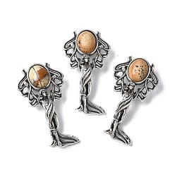 Пейзажный Джаспер Подвески из натуральной яшмы в виде ангела из латуни, с целью перехода в кольце, античное серебро, 38x19.5x7.5~9.5 мм, отверстие : 2x6.5 мм