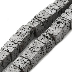 Platinum Plated Electroplated Natural Lava Rock Beads Strands, Square, Platinum Plated, 4.5x4.5x4.5mm, Hole: 1mm, about 89~91pcs/strand, 16.54''~17.32''(42~44cm)