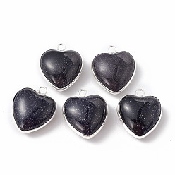 Blue Goldstone Synthetic Blue Goldstone Pendants, with Silver Color Plated Brass Findings, Heart Charms, 18~19x15~17x7~10mm, Hole: 2mm