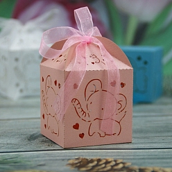 Pink Boîtes à bonbons pliantes en carton, boîte d'emballage de cadeau de mariage, avec ruban, rectangle avec éléphant, rose, 5x5x7.5 cm