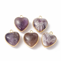 Amethyst Natural Amethyst Pendants, with Golden Plated Brass Findings, Heart Charms, 18~19x15~17x7~10mm, Hole: 2mm